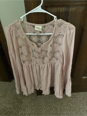 Knox Rose Delicate Crochet Yoke Long-Sleeve Top - Dusty Pink
